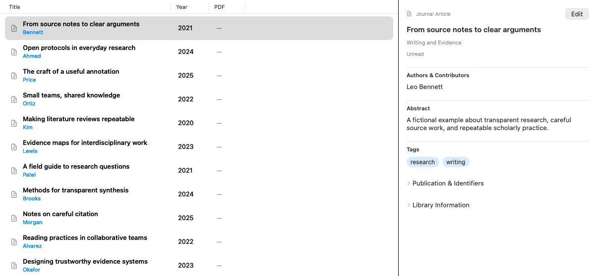Fuentas showing fictional saved references and the selected paper’s details